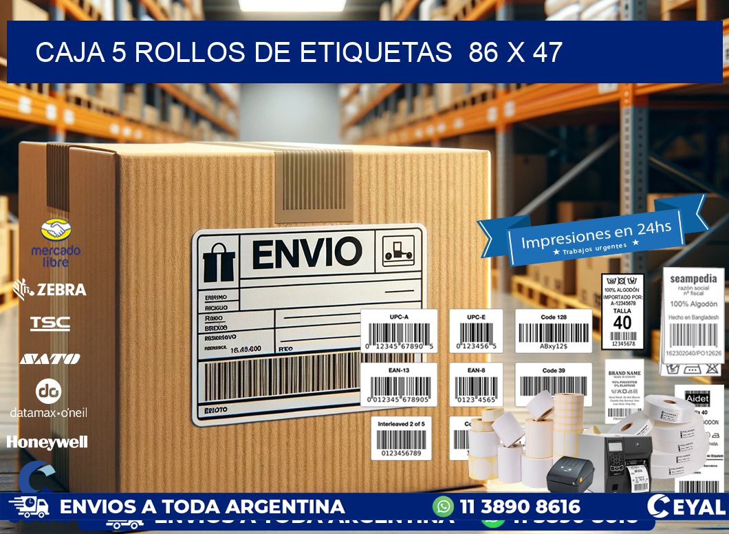 CAJA 5 ROLLOS DE ETIQUETAS  86 x 47