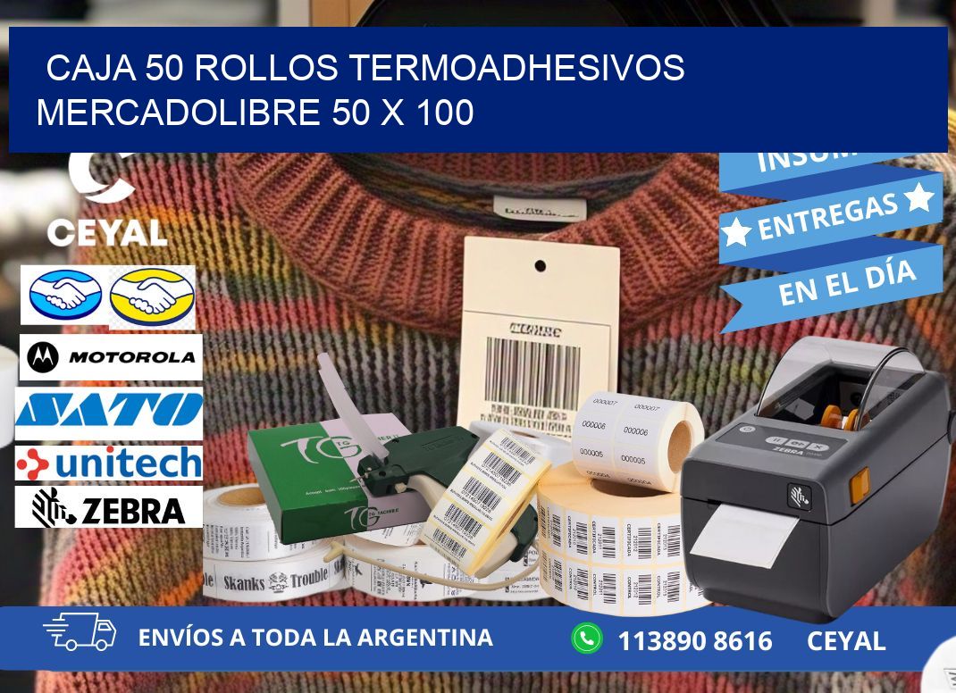 CAJA 50 ROLLOS TERMOADHESIVOS MERCADOLIBRE 50 x 100