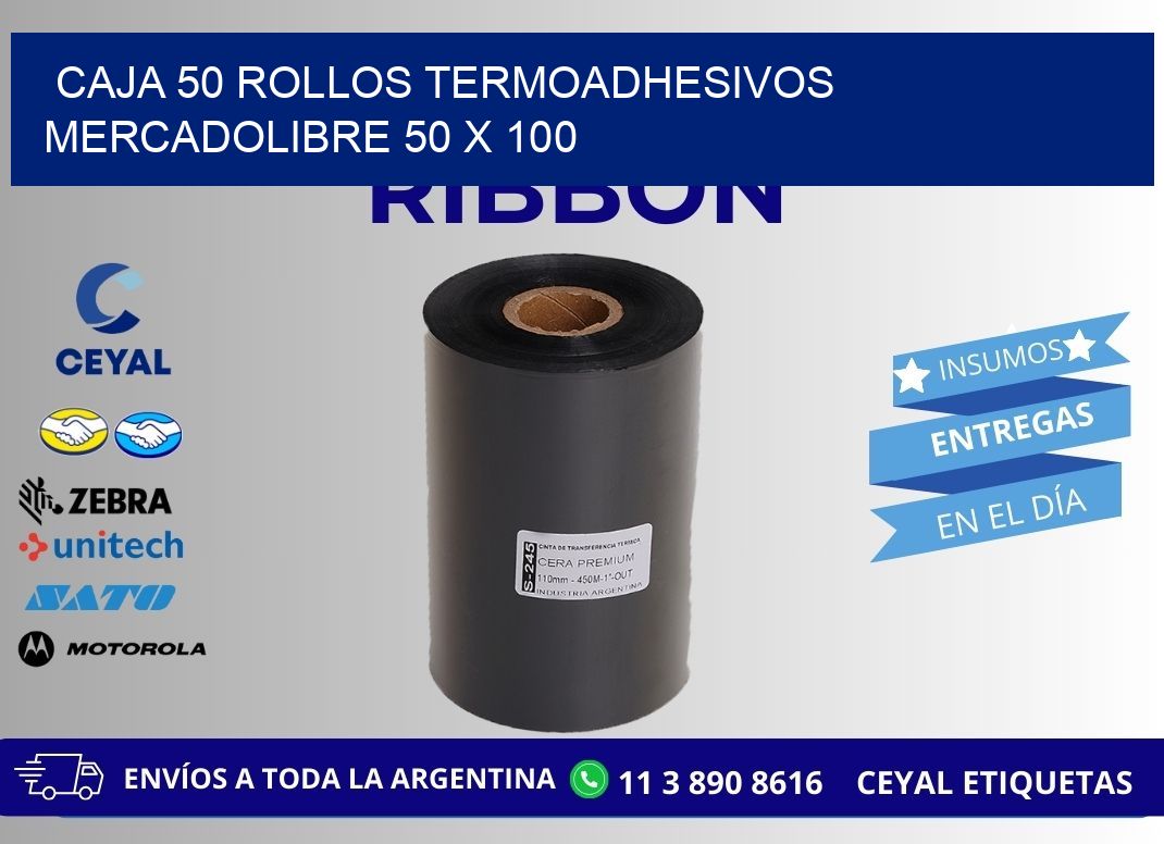 CAJA 50 ROLLOS TERMOADHESIVOS MERCADOLIBRE 50 x 100