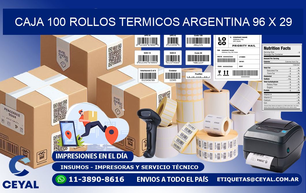 CAJA 100 ROLLOS TERMICOS ARGENTINA 96 x 29