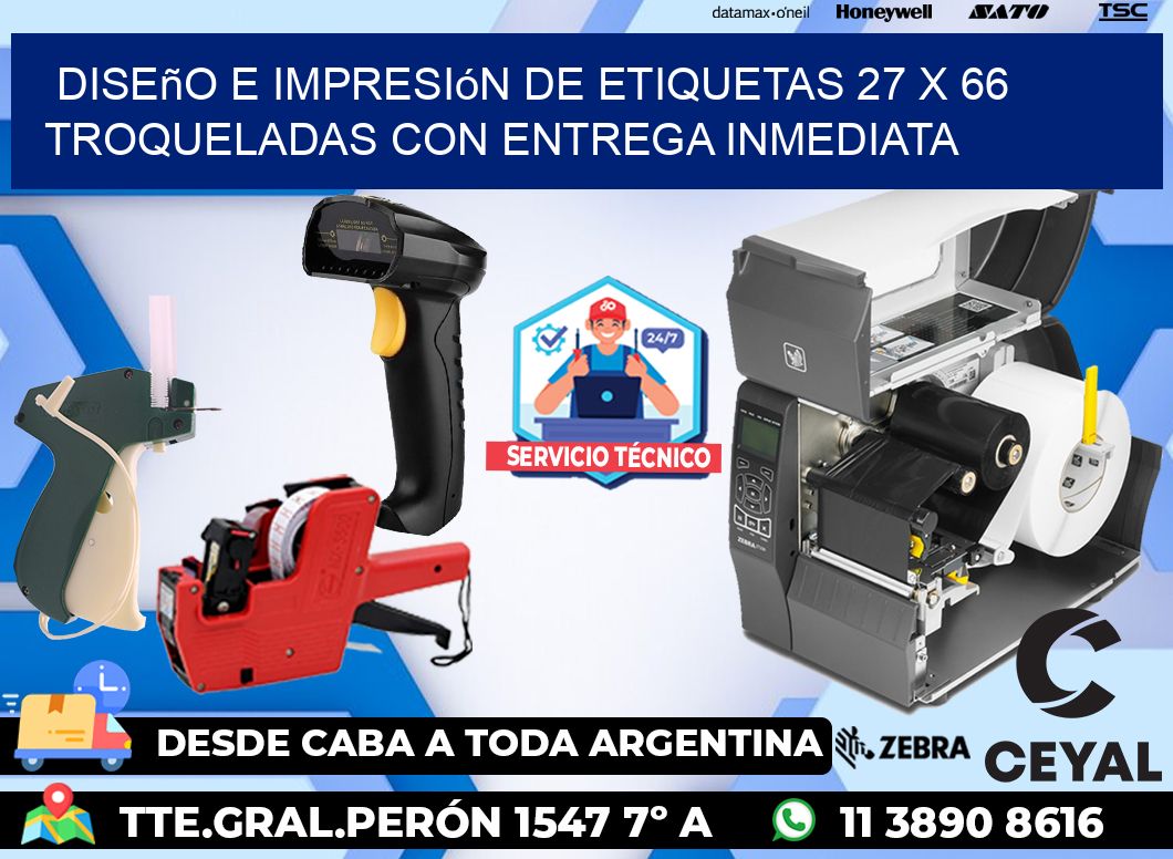 Diseño e impresión de etiquetas 27 x 66 troqueladas con entrega inmediata