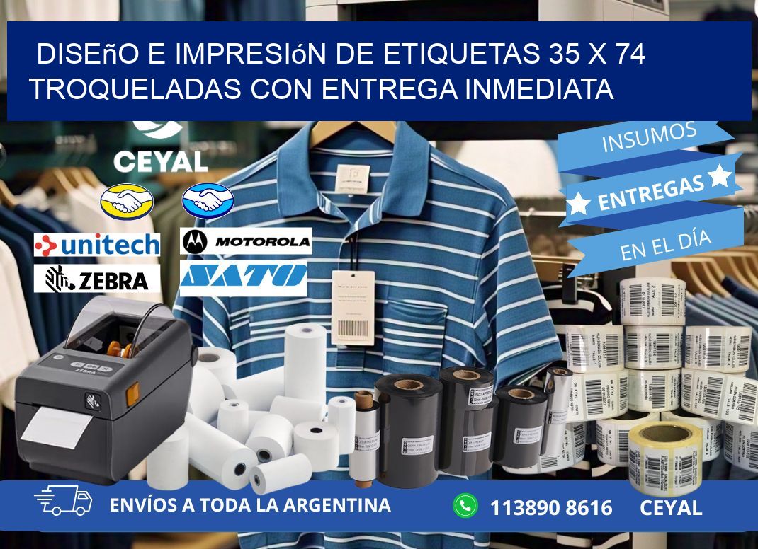 Diseño e impresión de etiquetas 35 x 74 troqueladas con entrega inmediata