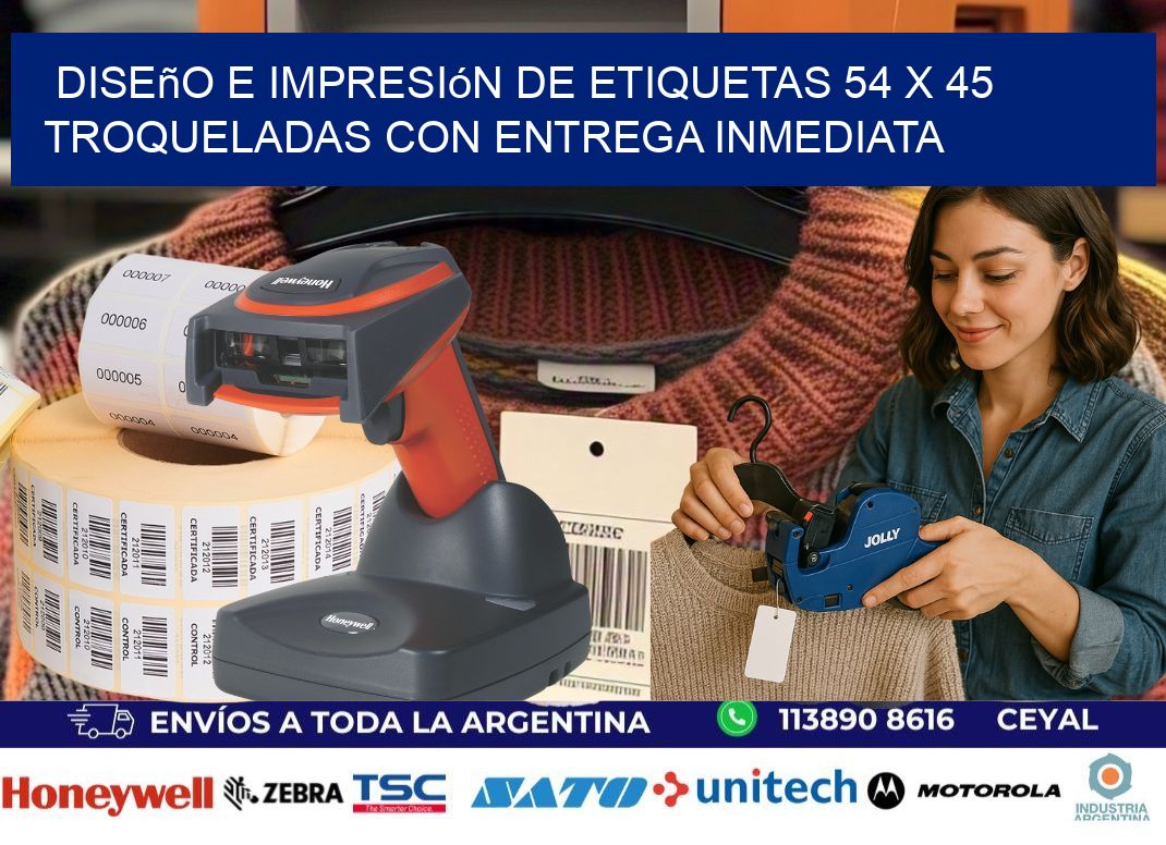 Diseño e impresión de etiquetas 54 x 45 troqueladas con entrega inmediata