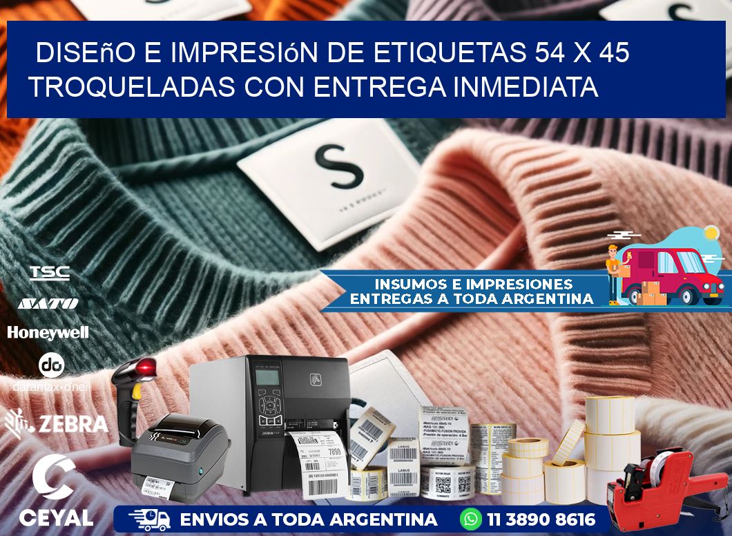 Diseño e impresión de etiquetas 54 x 45 troqueladas con entrega inmediata