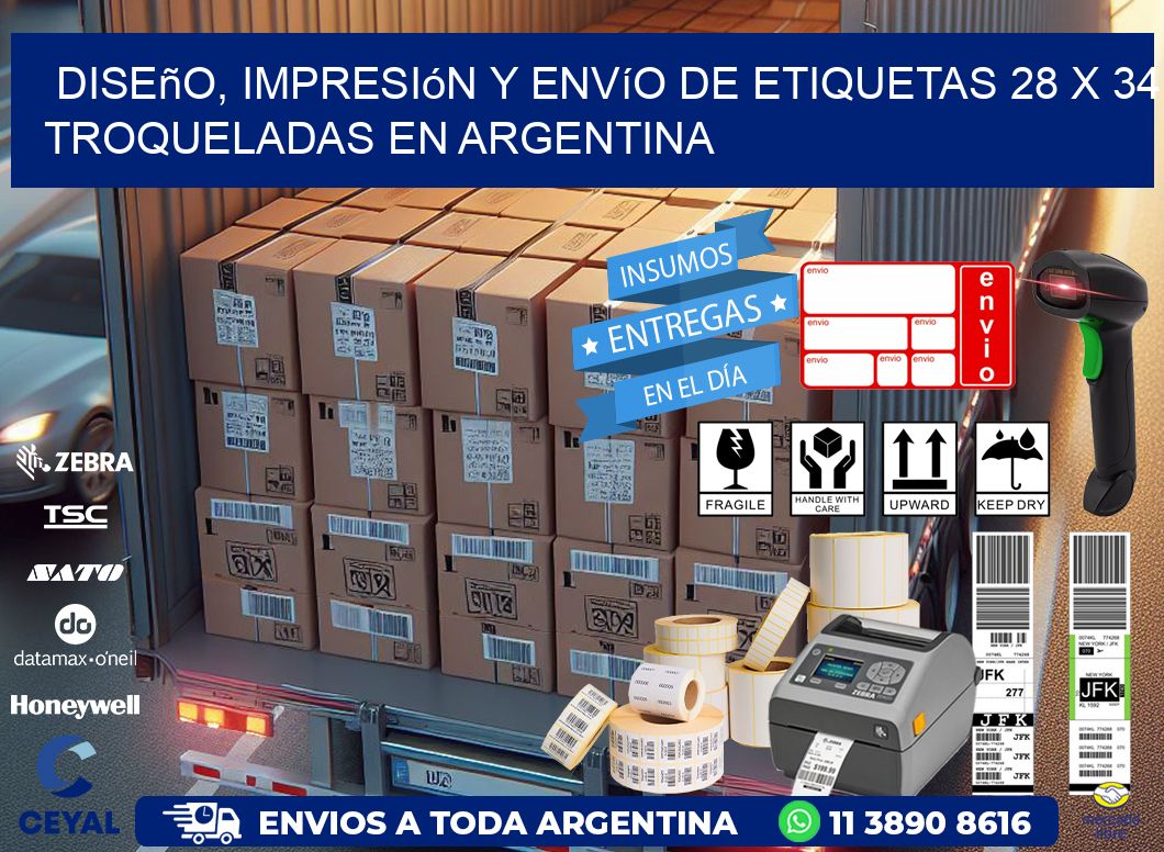 Diseño, impresión y envío de etiquetas 28 x 34 troqueladas en Argentina