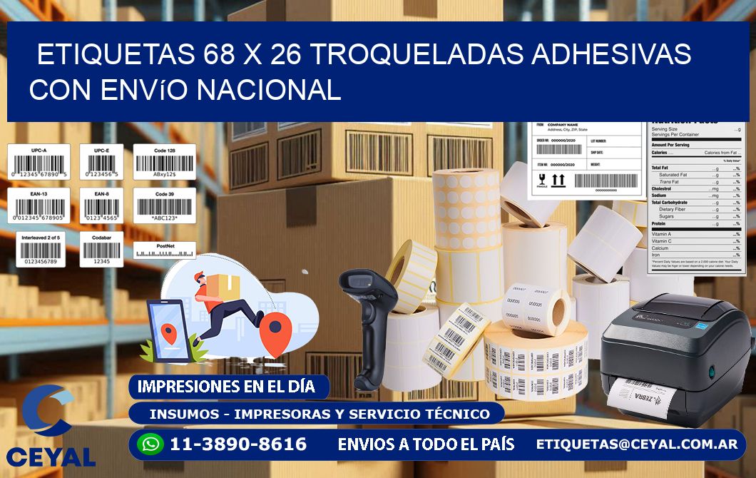Etiquetas 68 x 26 troqueladas adhesivas con envío nacional