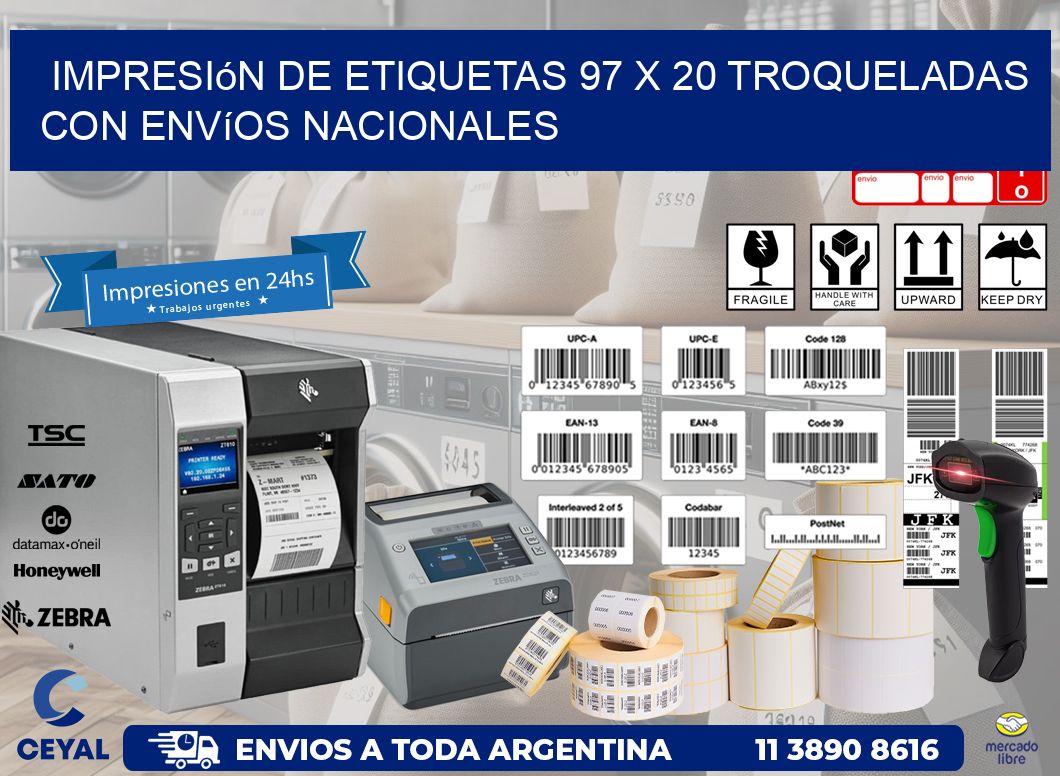 Impresión de etiquetas 97 x 20 troqueladas con envíos nacionales