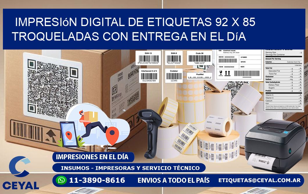 Impresión digital de etiquetas 92 x 85 troqueladas con entrega en el día