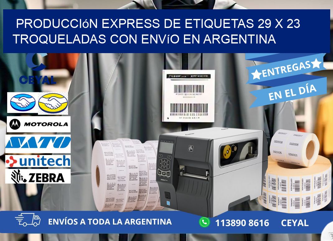 Producción express de etiquetas 29 x 23 troqueladas con envío en Argentina