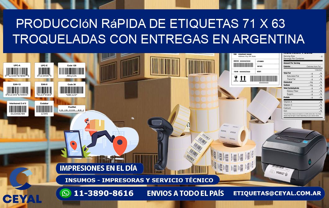 Producción rápida de etiquetas 71 x 63 troqueladas con entregas en Argentina