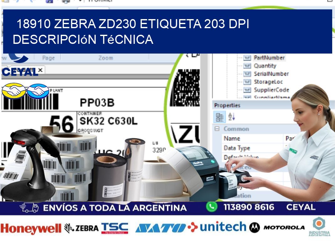 18910 Zebra ZD230 etiqueta 203 dpi descripción técnica