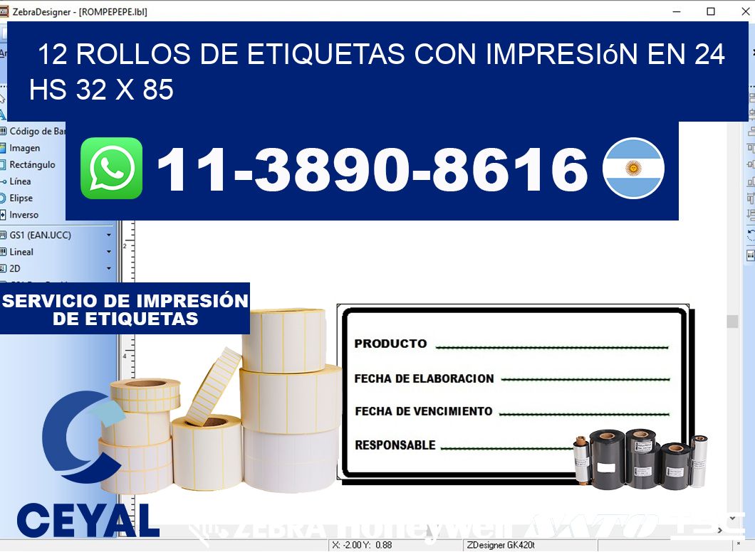 12 rollos de etiquetas con impresión en 24 hs 32 x 85