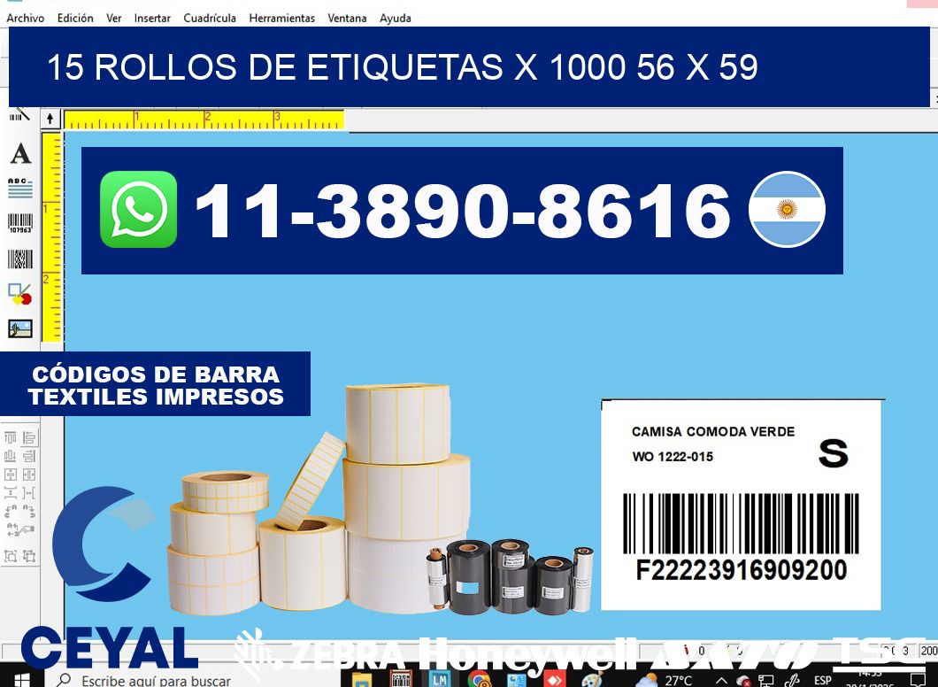 15 rollos de etiquetas x 1000 56 x 59
