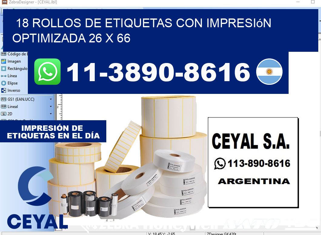 18 rollos de etiquetas con impresión optimizada 26 x 66