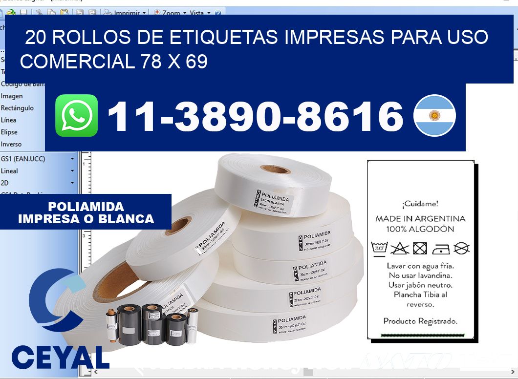 20 rollos de etiquetas impresas para uso comercial 78 x 69