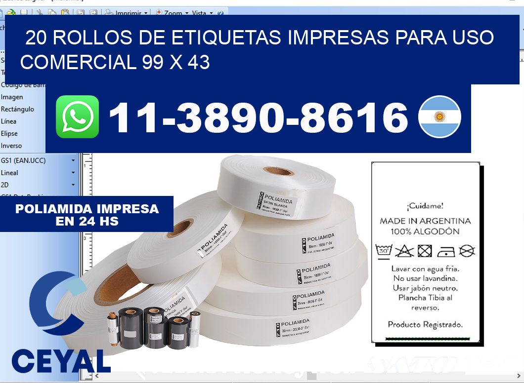 20 rollos de etiquetas impresas para uso comercial 99 x 43
