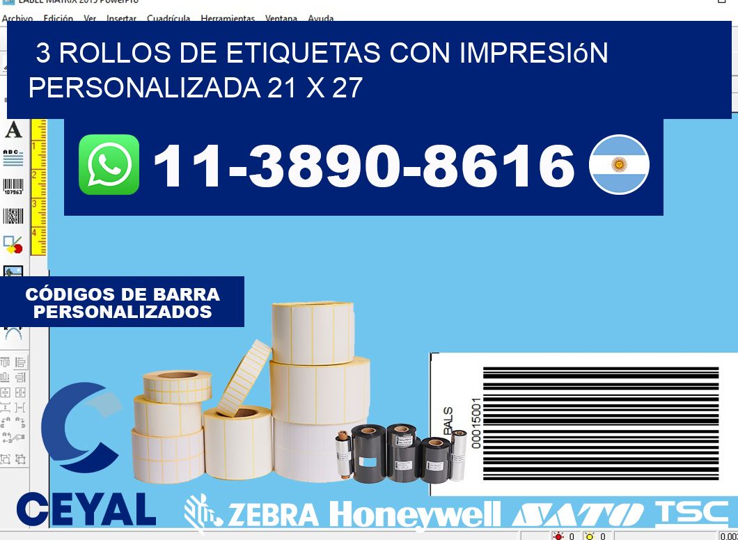 3 rollos de etiquetas con impresión personalizada 21 x 27