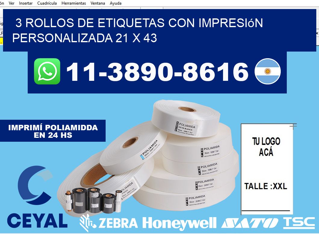 3 rollos de etiquetas con impresión personalizada 21 x 43