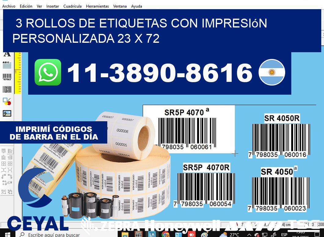 3 rollos de etiquetas con impresión personalizada 23 x 72