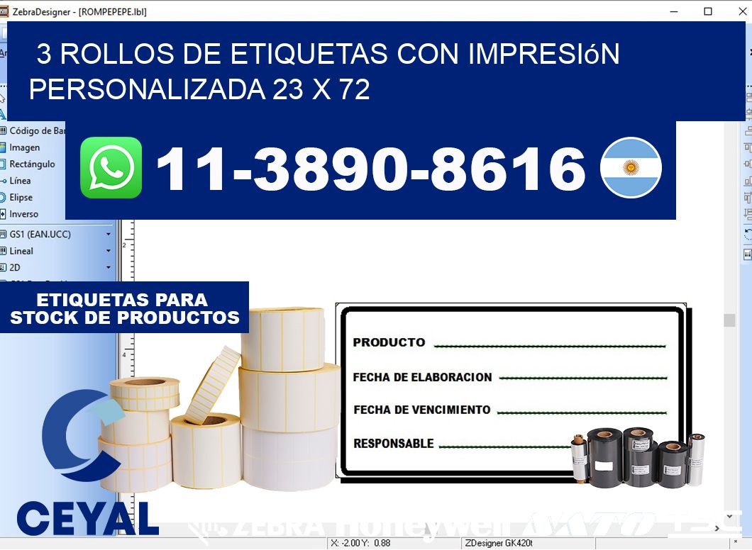 3 rollos de etiquetas con impresión personalizada 23 x 72