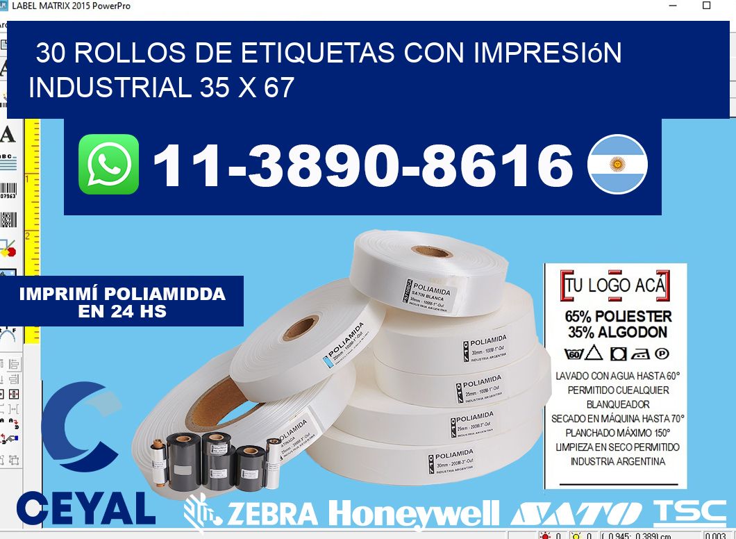 30 rollos de etiquetas con impresión industrial 35 x 67