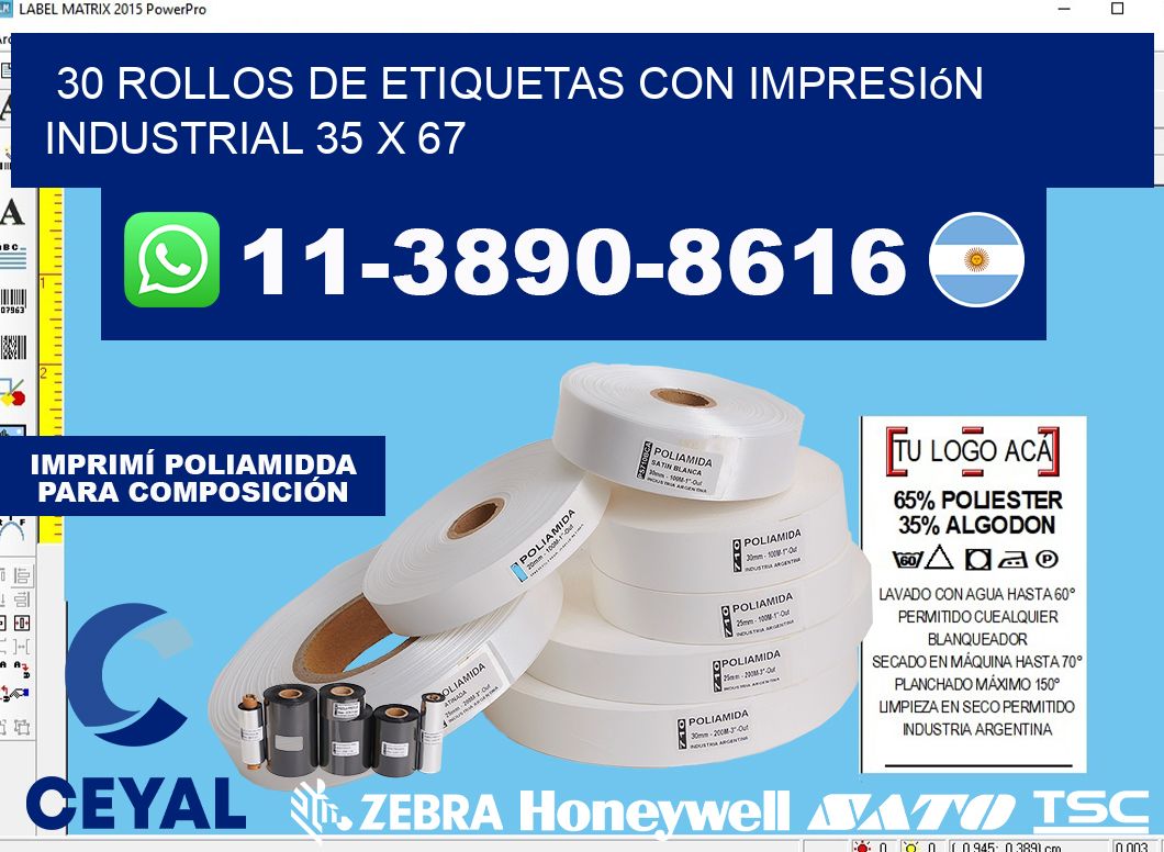 30 rollos de etiquetas con impresión industrial 35 x 67
