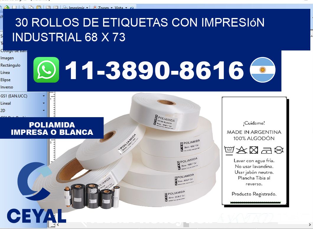 30 rollos de etiquetas con impresión industrial 68 x 73