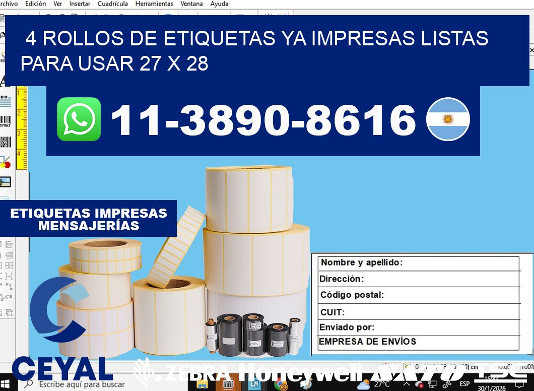 4 rollos de etiquetas ya impresas listas para usar 27 x 28