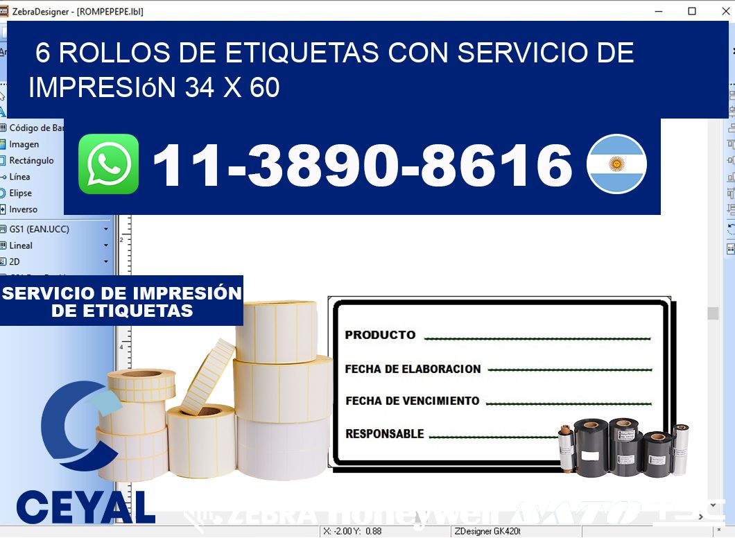 6 rollos de etiquetas con servicio de impresión 34 x 60