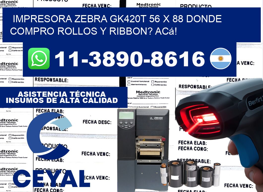 impresora zebra gk420t 56 x 88 Donde compro rollos y ribbon? Acá!