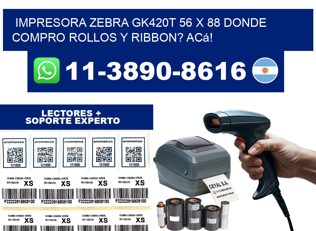 impresora zebra gk420t 56 x 88 Donde compro rollos y ribbon? Acá!