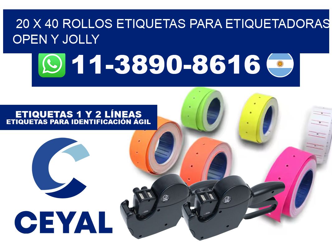 20 x 40 Rollos etiquetas para etiquetadoras open y jolly